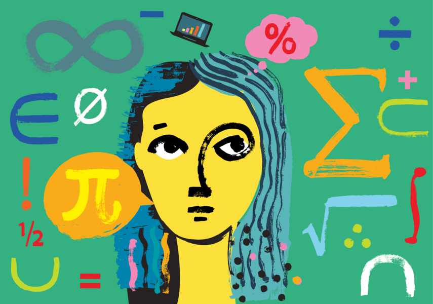 abstrakt gezeichnete Frau vor einem Hintergrund in der Frage mint, auf dem mathematische Formeln gezeichnet sind.