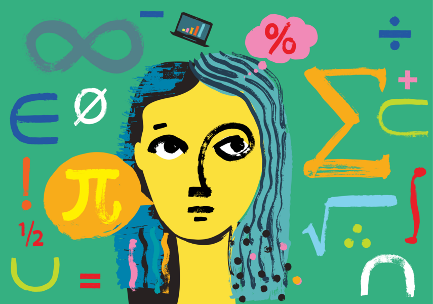 drawn woman and mathematical symbols (sum, pi, etc.) against mint background