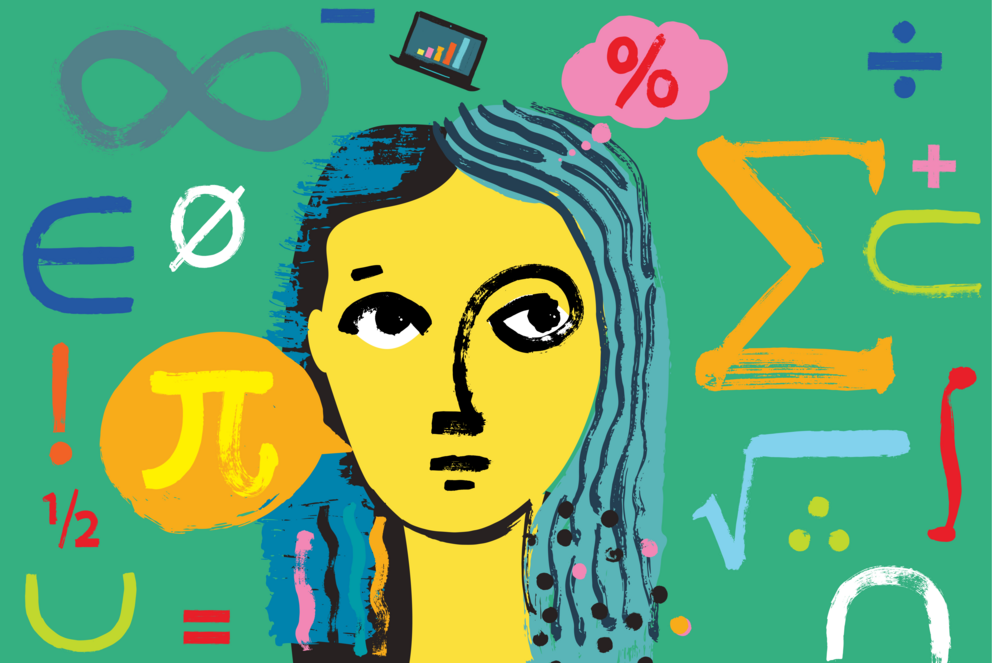abstrakt gezeichnete Frau vor einem Hintergrund in der Frage mint, auf dem mathematische Formeln gezeichnet sind.
