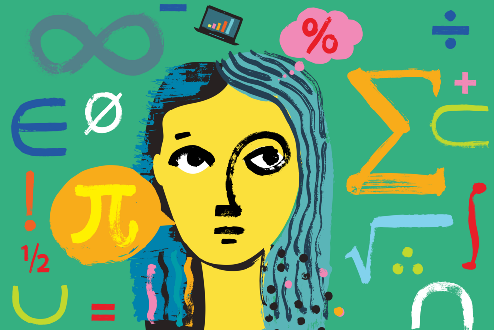 drawn woman and mathematical symbols (sum, pi, etc.) against mint background