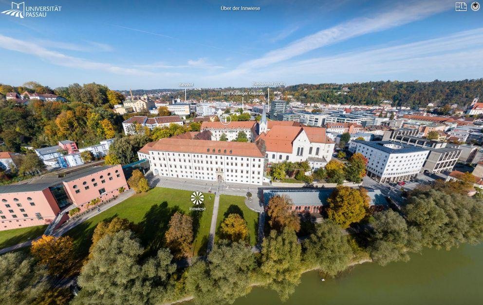 Campus tour screenshot: Above the Innwiese, looking North