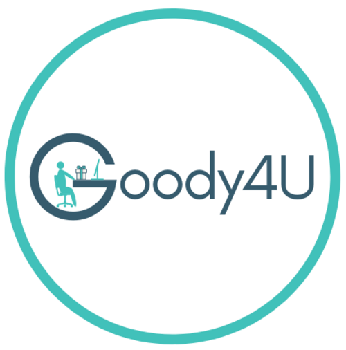 Logo von Goody4U (weißer Hintergrund, runder Kreis in türkis, im Kreis: Schriftzug Goody4U, im “G” von “Goody4U” kann man eine Person auf einem Bürostuhl sitzend erkennen und davor ein Geschenk und ein Bildschirmmonitor)