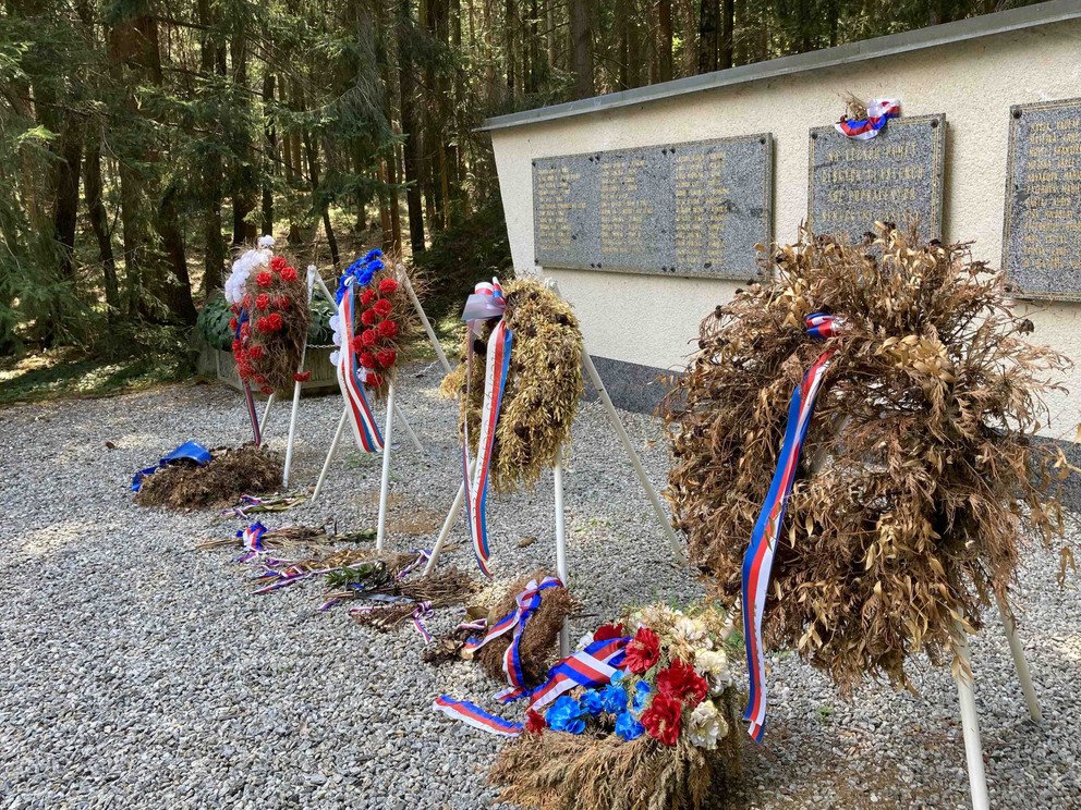 Fotografie pomn&iacute;ku ve Sp&aacute;len&eacute;m lese a společn&eacute;ho hrobu na hřbitově v Klatovech