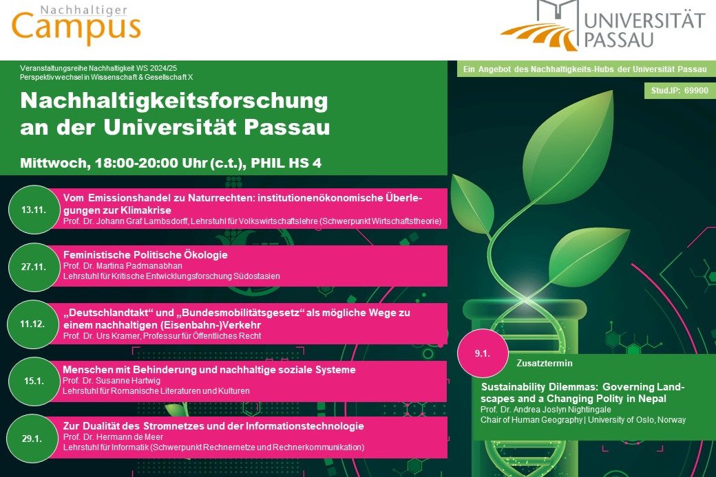 Plakat der Ringvorlesung &bdquo;Nachhaltigkeit&ldquo; im Wintersemester 2024/25 an der Universit&auml;t Passau &uuml;ber: Nachhaltigkeitsforschung an der Universit&auml;t Passau