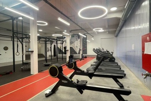 Das Bild zeigt einen modernen Fitnessraum mit einer Reihe von Ruderger&auml;ten auf der rechten Seite und einer roten Laufbahn, die sich in die L&auml;nge zieht. Links im Bild befinden sich verschiedene Fitnessger&auml;te, wie Klimmzugstangen und Ringe, die f&uuml;r funktionelles Training genutzt werden k&ouml;nnen. Der Raum ist hell beleuchtet, und an der Decke h&auml;ngen gro&szlig;e, kreisf&ouml;rmige Lampen.