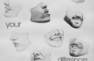Bleistiftzeichung, Untere Gesichtshälften verschiedener Menschen