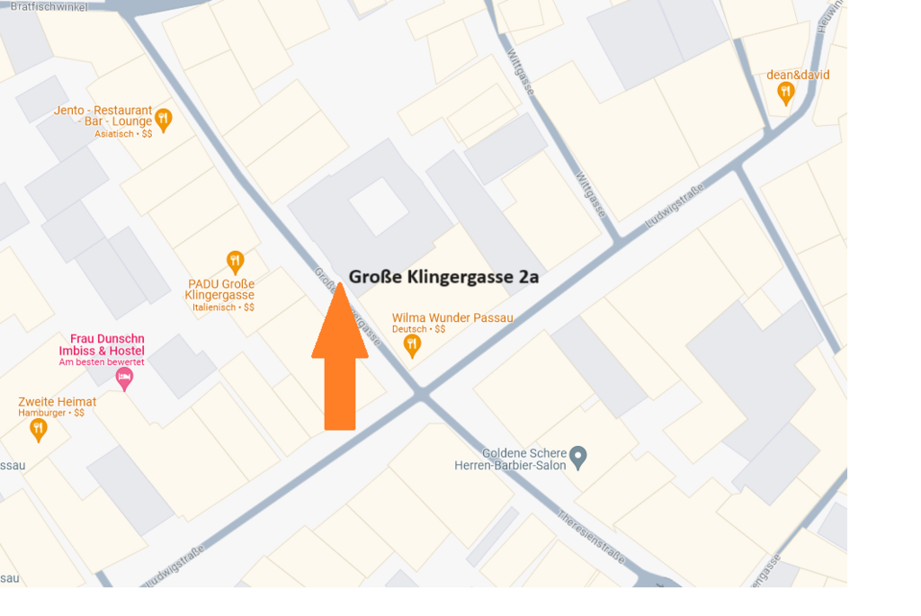 Ausschnitt Stadtplan Passau mit Pfeil auf Große Klingergasse 2a