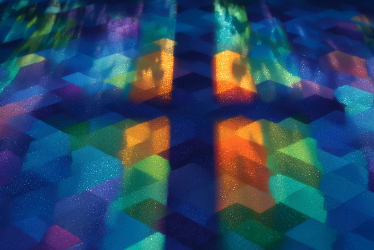 Blaues Kreuz auf buntem Hintergrund; als Mosaik gestaltet.