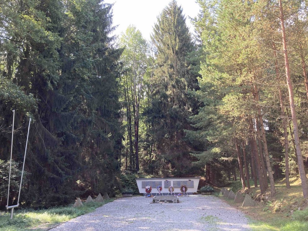 Fotografie pomn&iacute;ku ve Sp&aacute;len&eacute;m lese a společn&eacute;ho hrobu na hřbitově v Klatovech