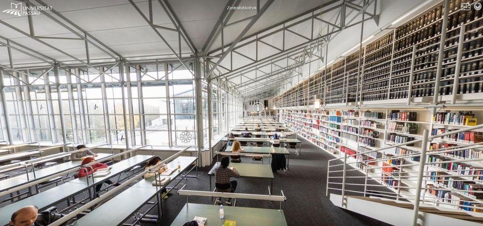 Campus tour screenshot: Library reading room, looking West