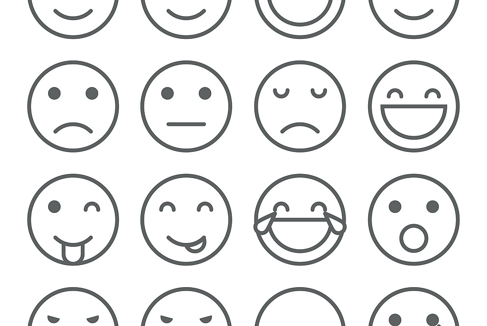 16 Emojis mit verschiedenen Gesichtsausdrücken; schwarz-weiß