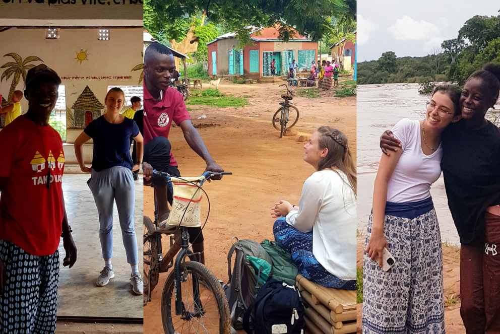 Fotocollage mit drei Fotos mit jeweils einem senegalesischen und deutschen Studierenden; drei unterschiedliche Szenen (in Raum, auf Platz, vor Fluss)
