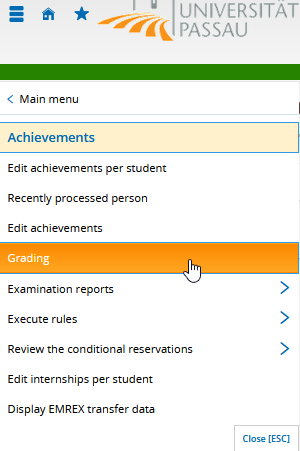 Grading section in the menu