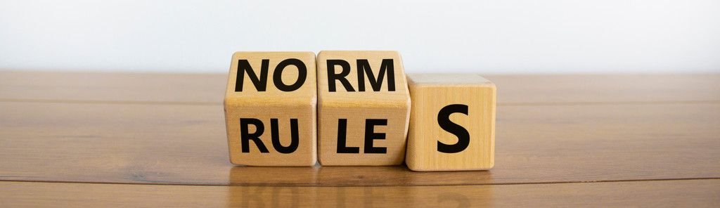 Holzwürfel mit der Aufschrift Norm(s) und Rule(s)