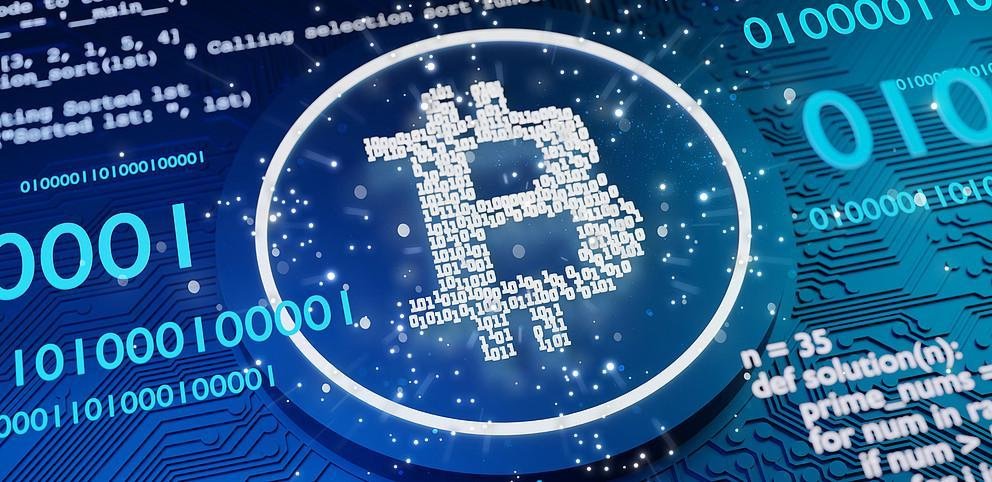 Bitcoin and blockchain banner illustration. Mining and trade bitcoin concept.