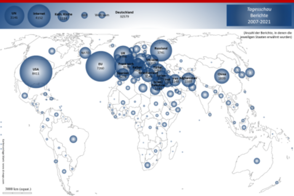 Anzahl der Berichte, in denen die jeweiligen Staaten in der „Tagesschau“-Hauptsendung in den Jahren 2007-2021 erwähnt wurden. Grafik: Ludescher