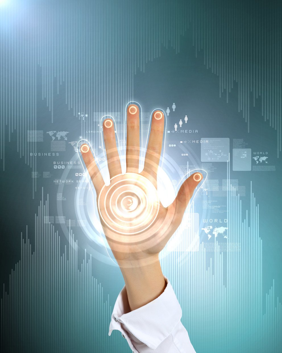 Hand ber&uuml;hrt virtuellen Bildschirm