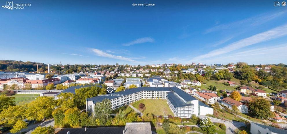 Campus tour screenshot: hovering above the ITZ Building, looking North