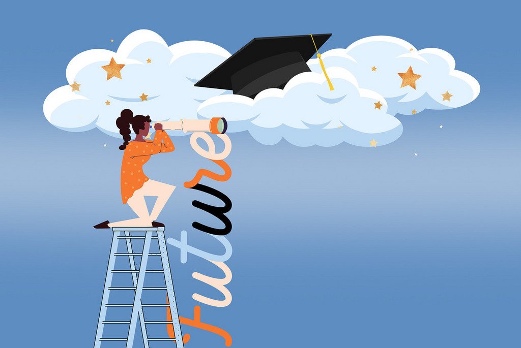 Grafisches Bild: Frau auf einem Leiter schaut in ein Fernrohr über den Wolken
