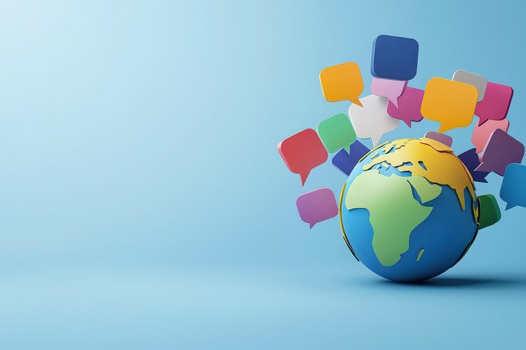 Symbolbild Globus mit bunten Sprechblasen symbolisch fr Interkulturelle Kommunikation