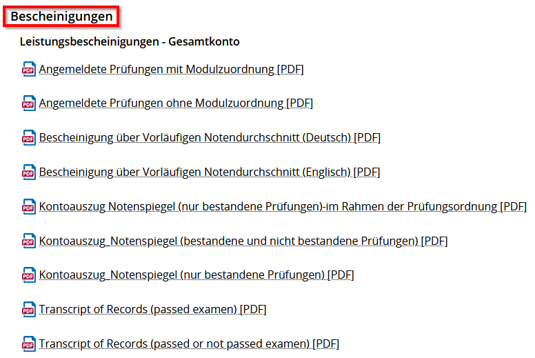 Screenshot Abschnitt "Bescheinigungen" 