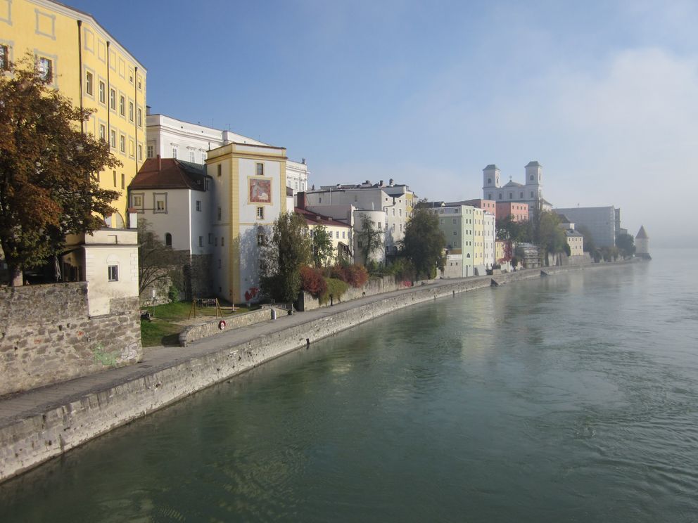 The Inn promenade, looking out towards the confluence of the three rivers Danube, Inn and Ilz.