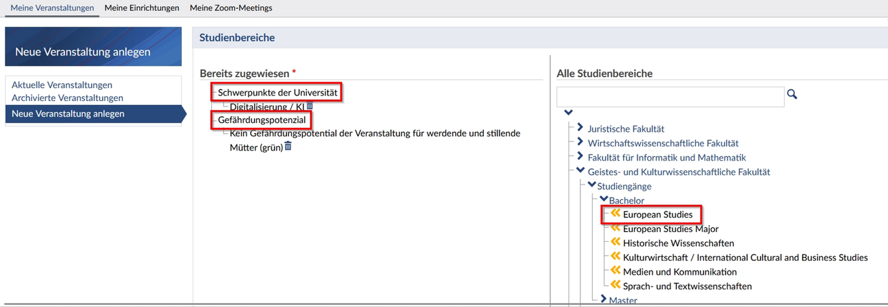 Screenshot Stud.IP Studienbereiche zuweisen