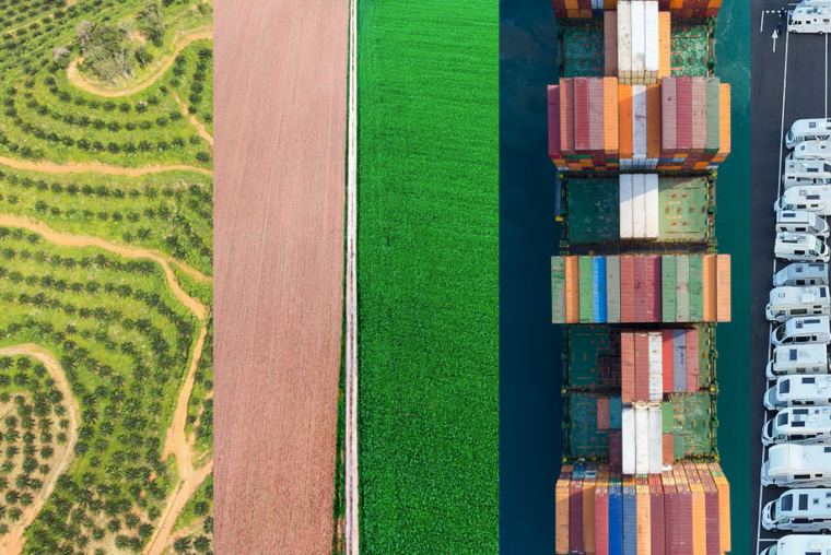Verschiedene Luftbilder von Landschaften in Streifen aneinandergefügt