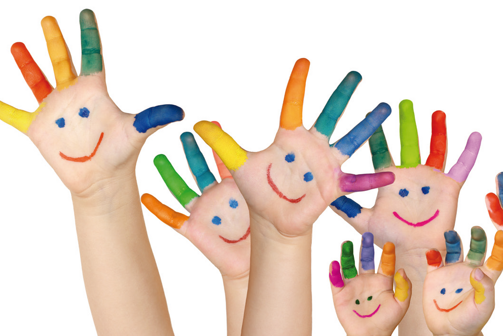 Children's hands with colourfully painted fingers