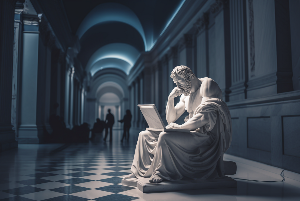 Symbolbild f&uuml;r die Universit&auml;t von Morgen. Denkerstatue mit Laptop. Photomontage.