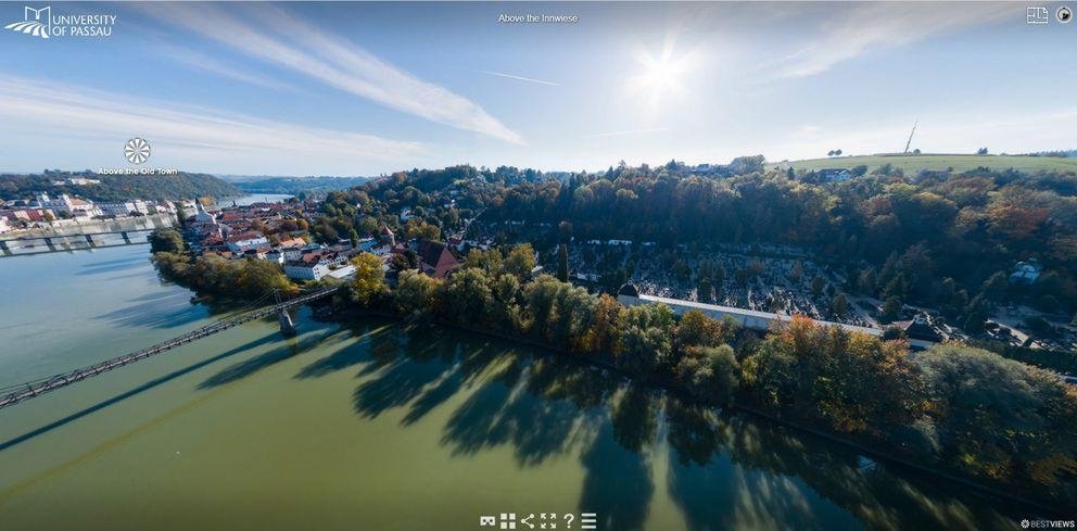 Campus tour screenshot: above the Innwiese, looking towards Innstadt and the Southern bank of the Inn