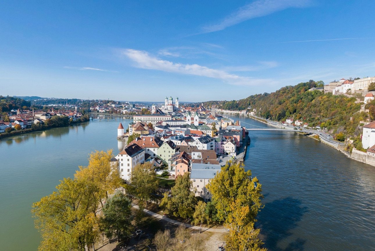 Old town of Passau with the three rivers Danube, Inn and Ilz