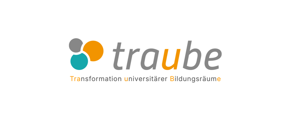 Logo bestehend aus drei verschieden farbigen, ineinander liegenden Kreisen und den kleinen Buchstaben t, r, a, u, b, e. Die Buchstaben stehen f&uuml;r die Worte Transformation universit&auml;rer Bildungsr&auml;ume und befinden sich unterhalb des Logoschriftzugs traube