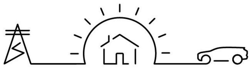 Projekt-Logo: Schwarzes Icon auf weißem Grund stellt die Verknüpfung von Stromnetz, Eigenheim und E-Fahrzeug dar.