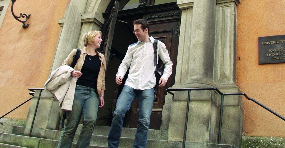 Students in front of a building entrance