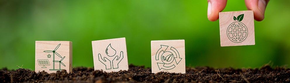 Saving energy and sustainability of renewable energy concept. Eco-efficiency is management of the business sector to be more competitive. Responsibility for natural resources and green environment. Symbol-Bilder werden gepflanzt