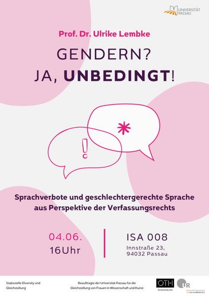 Plakat zum Vortrag von Prof. Dr. Ulrike Lembke zu geschlechtergerechter Sprachverwendung