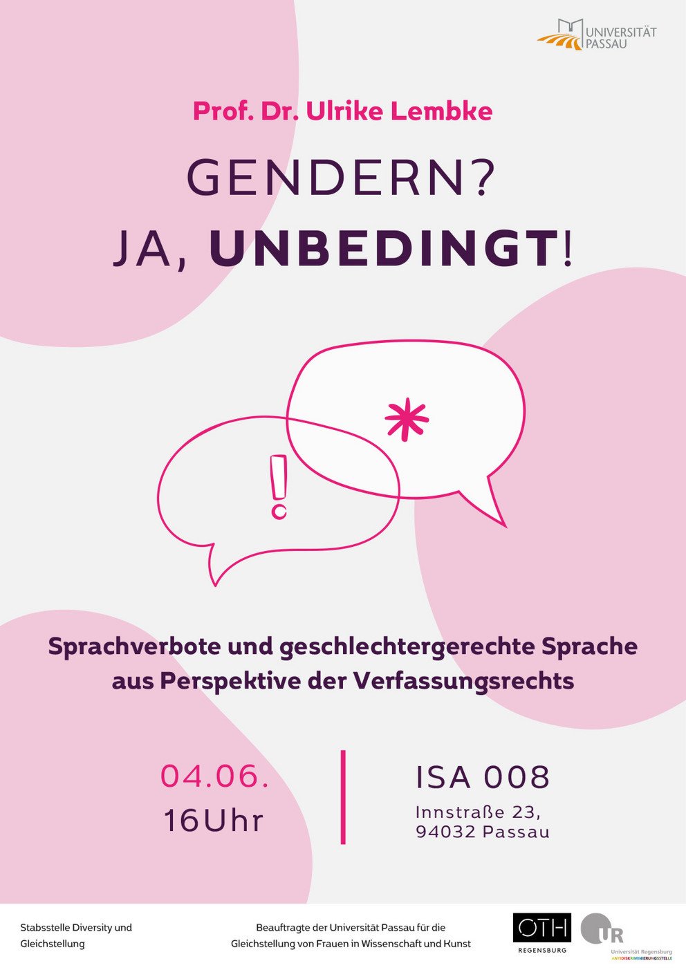 Plakat zum Vortrag von Prof. Dr. Ulrike Lembke zu geschlechtergerechter Sprachverwendung