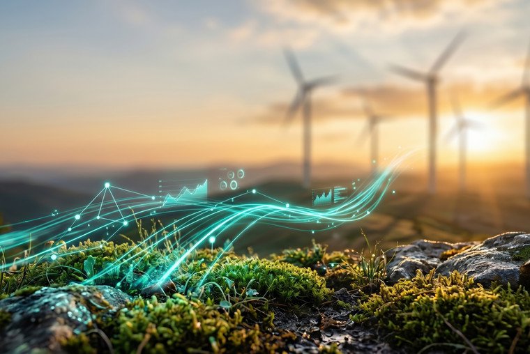 KI-generiertes Bild, das Luftbewegungen zeigt, die Windräder antreiben