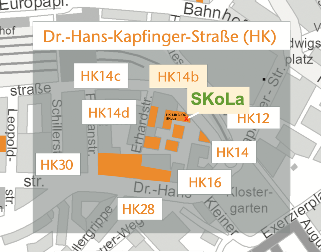 Lageplan - Sie finden die SKoLa-R&auml;umlichkeiten im Geb&auml;ude Dr. Hans-Kapfinger-Stra&szlig;e 14b im 3. Obergeschoss