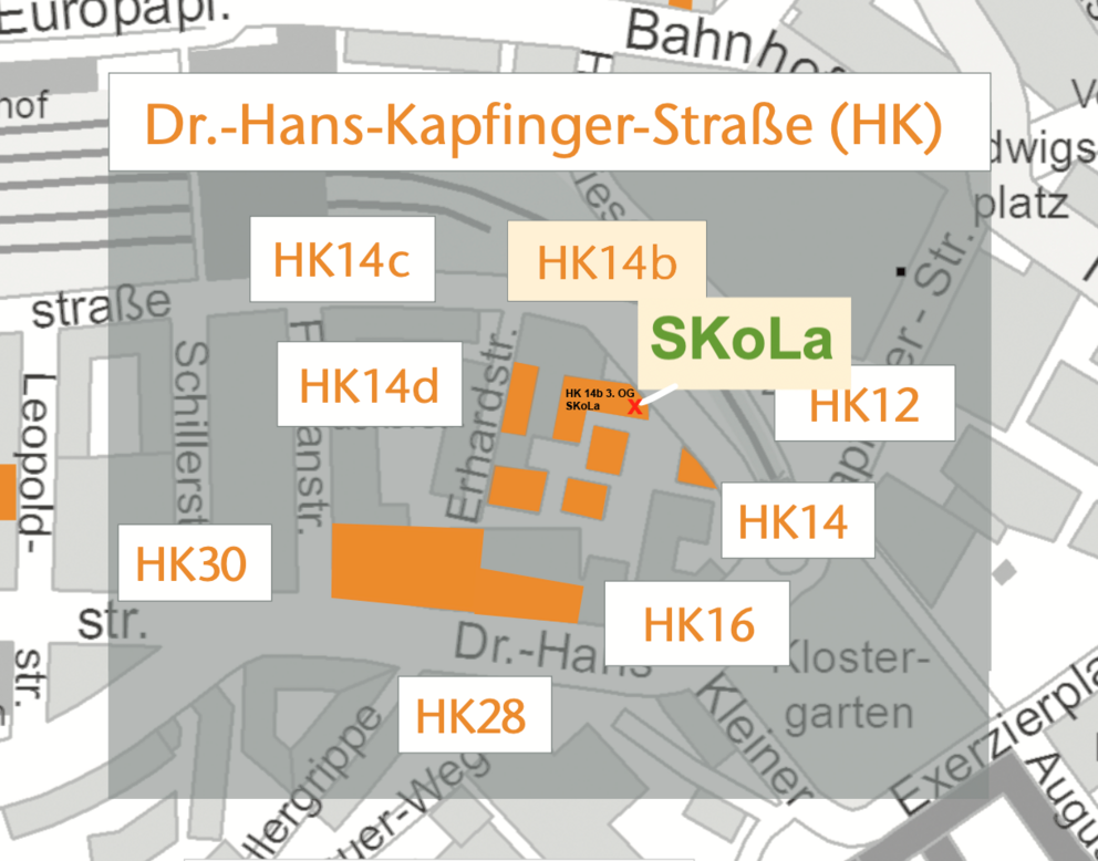 Lageplan - Sie finden die SKoLa-Räumlichkeiten im Gebäude Dr. Hans-Kapfinger-Straße 14b im 3. Obergeschoss