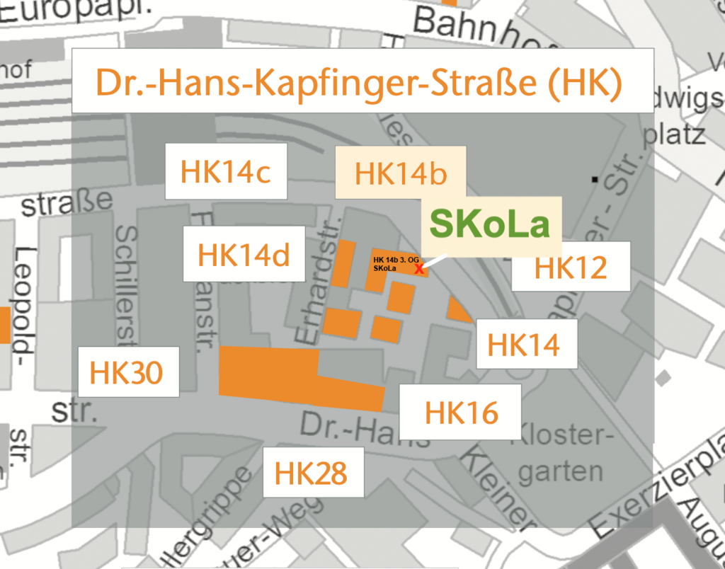 Lageplan - Sie finden die SKoLa-R&auml;umlichkeiten im Geb&auml;ude Dr. Hans-Kapfinger-Stra&szlig;e 14b im 3. Obergeschoss