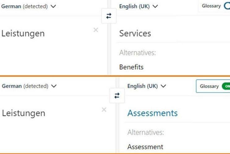 Vergleich: Übersetzung einmal mit und einmal ohne Glossar