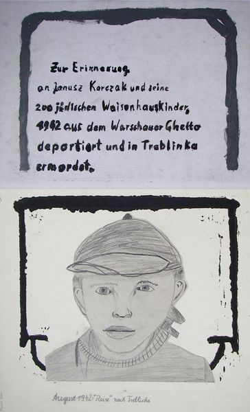 Beispiele aus der Ausstellung: Der Junge mit der Mütze wurde gezeichnet von Marcel Gola, das Mädchen von Daniel Nebel und Janusz Korczak von Samuel Fischer-Glaser. 