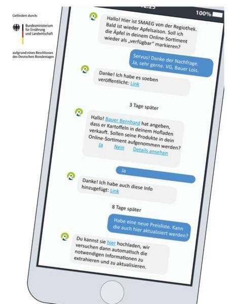 Beispiel-Chat zwischen dem SMAEG Bot und Plattform-NutzerInnen: Der Chatbot fragt das verfügbare Sortiment des Betriebs proaktiv nach.