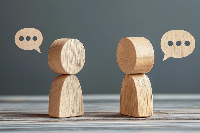 Zwei Holzfiguren im Dialog