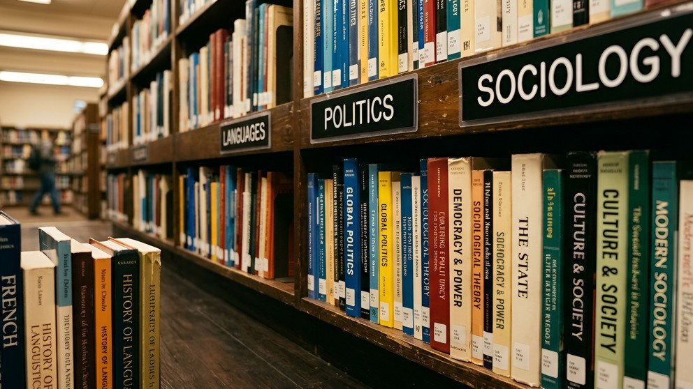 Bannerbild. Bild von Bibliothek mit B&uuml;chern aus Politik, Soziologie und weiteren Themen.