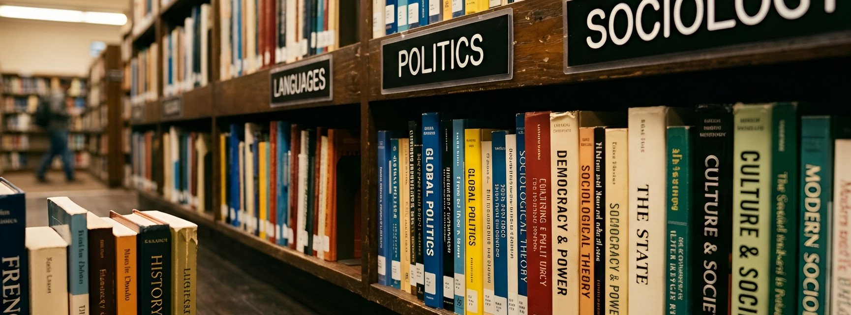 Bannerbild. Bild von Bibliothek mit B&uuml;chern aus Politik, Soziologie und weiteren Themen.