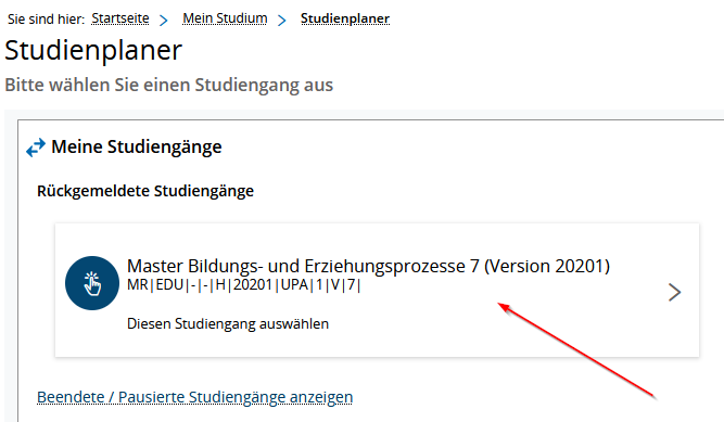 Auswahlfeld f&uuml;r r&uuml;ckgemeldete Studieng&auml;nge