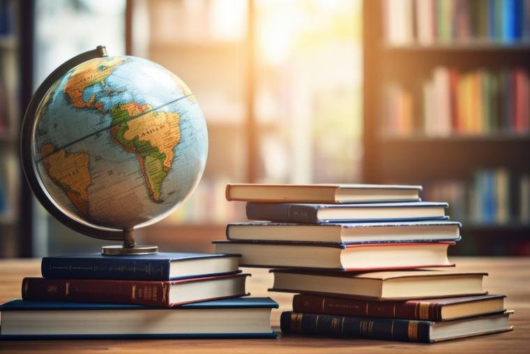 Globus im Sonnenschein neben einem Stapel Bücher